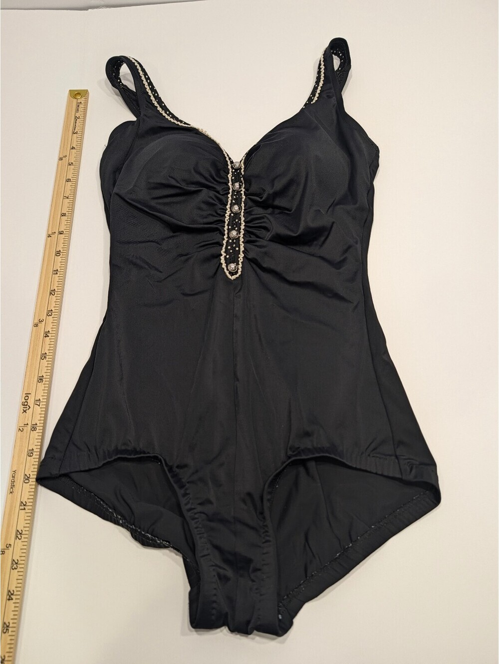 Maxine Black One-Piece Swimsuit with Beaded Trim and Built-In Bra, Size 12